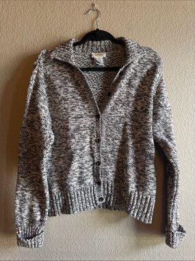 Talbots Vintage Marled Knit Button Front Cardigan Sweater collared black white L